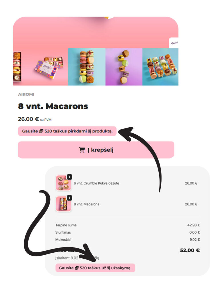 Airomi el. parduotuvėje matoma, kiek lojalumo taškų gausite už produktą ir užsakymą